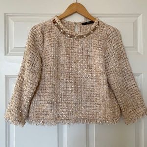 ZARA Nude Pink Tweed Top with Pearl Details